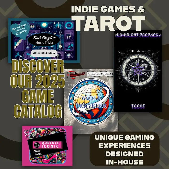 Promotional image for indie games and tarot with game boxes and text on a dark background