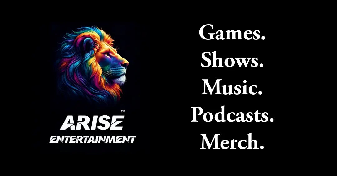 Logo of ARISE Entertainment with a colorful lion on a black background and text about their offerings.