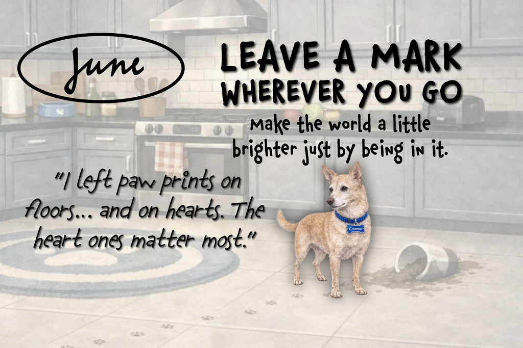 Dog standing on a kitchen floor with paw prints, wearing a blue collar, and text about leaving a mark.