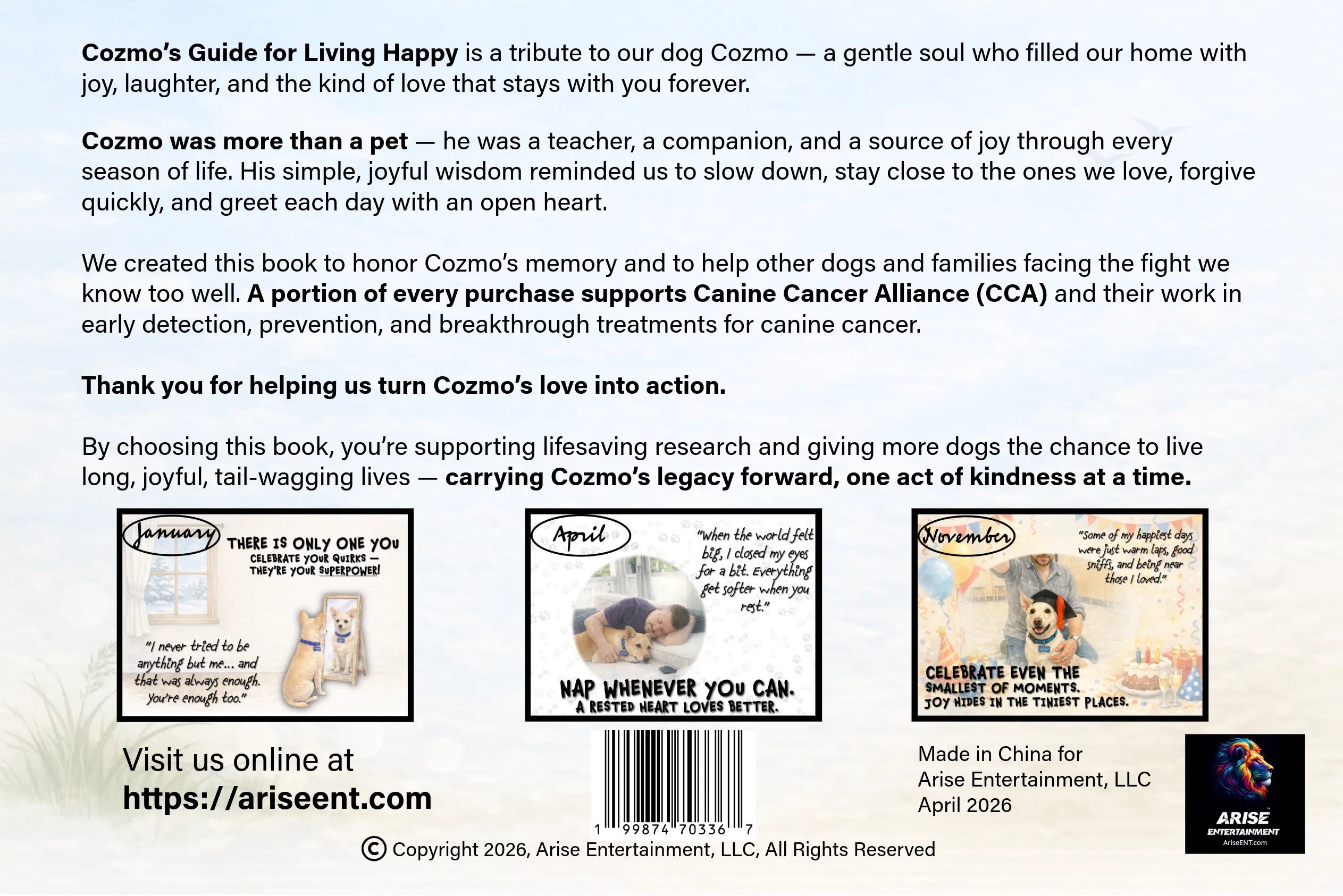 Back cover of a book titled 'Cozmo's Guide to Living Happy' with text and images of a dog.