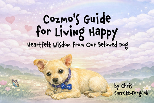 Book cover of 'Cozmo's Guide for Living Happy' with a puppy and butterfly illustration.