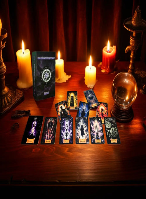 Tarot cards laid out on an old desk with flickering candles lit nearby 