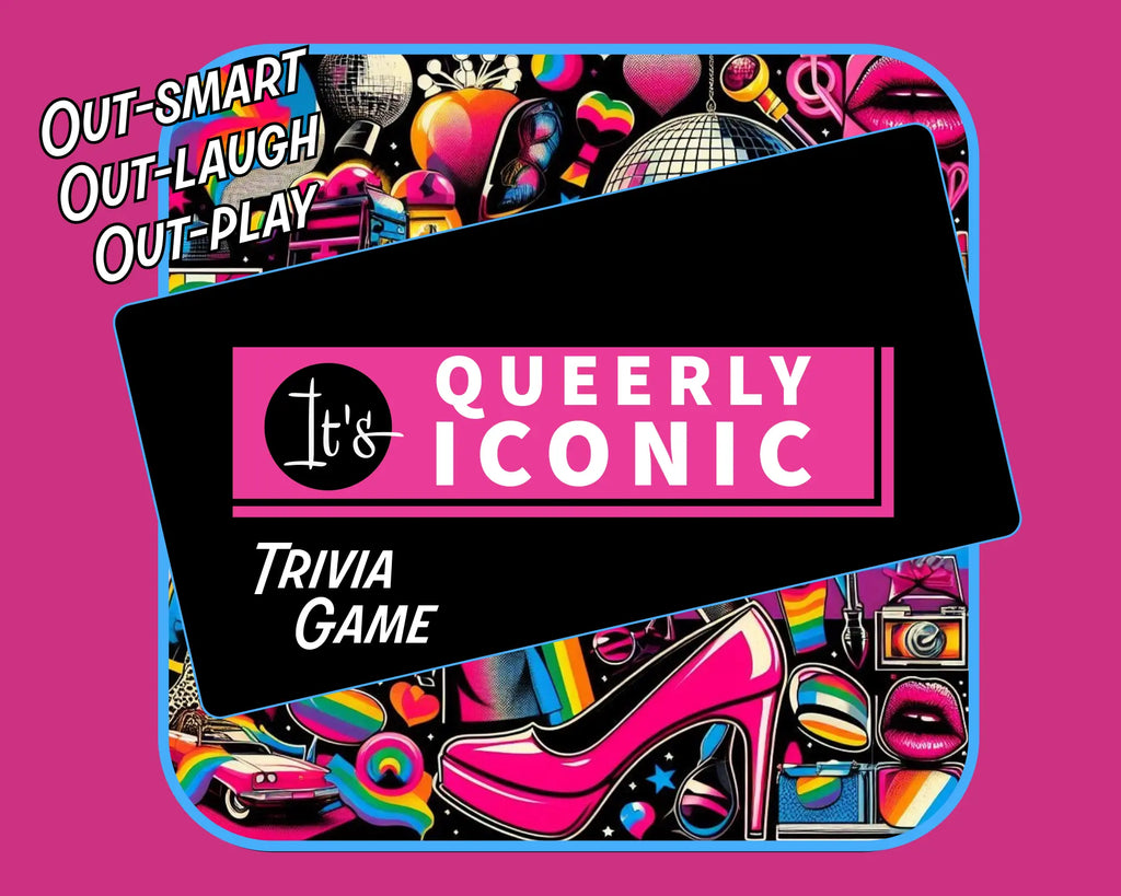 Front cover of It’s Queerly Iconic trivia game with colorful pride‑themed illustrations and bold pink logo.