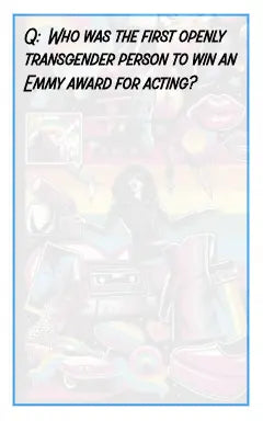 Text question about the first openly transgender Emmy award winner on a textured white background.