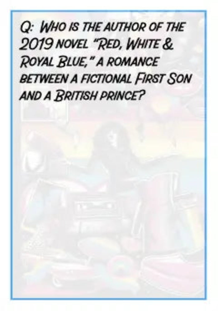 Text question about the author of 'Red, White & Royal Blue' with a white background.