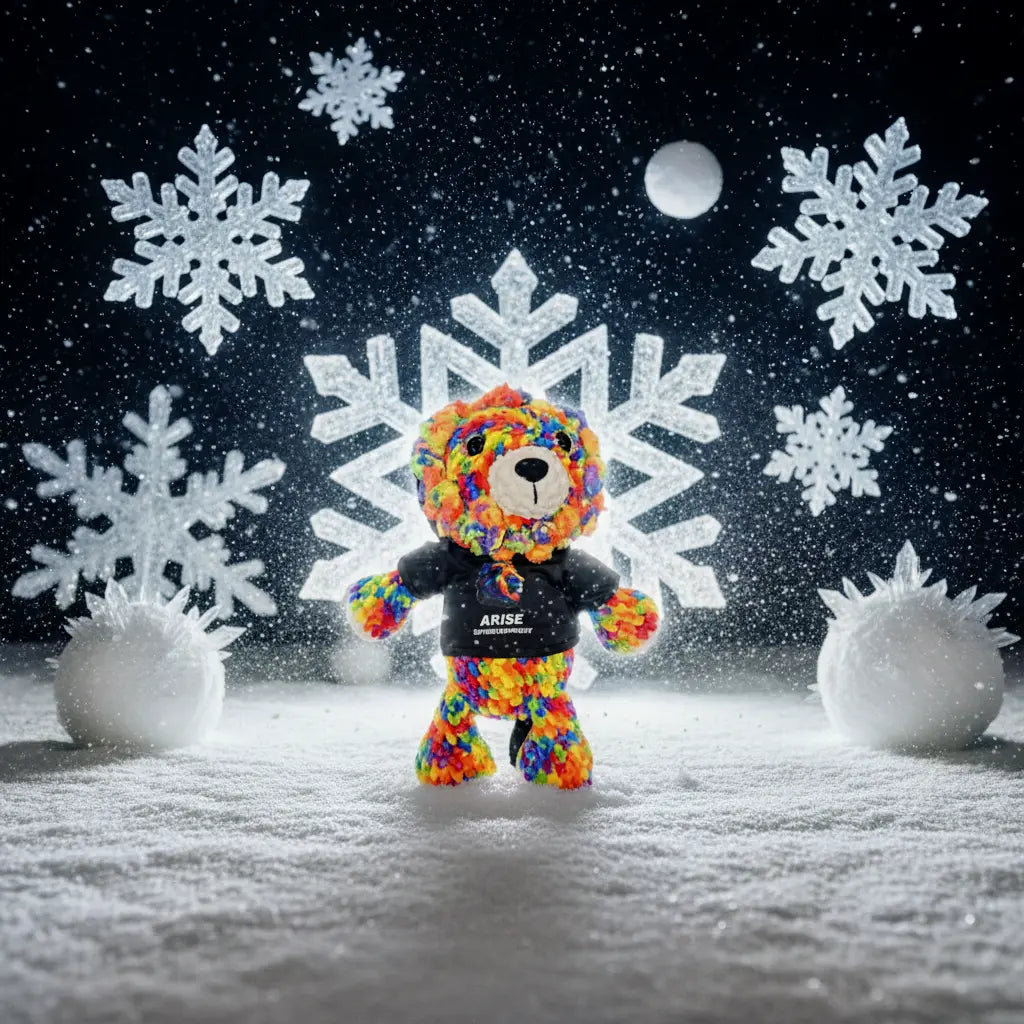 Colorful teddy bear with a black shirt labeled 'ARISE' in a snowy scene with large snowflakes and a moon.