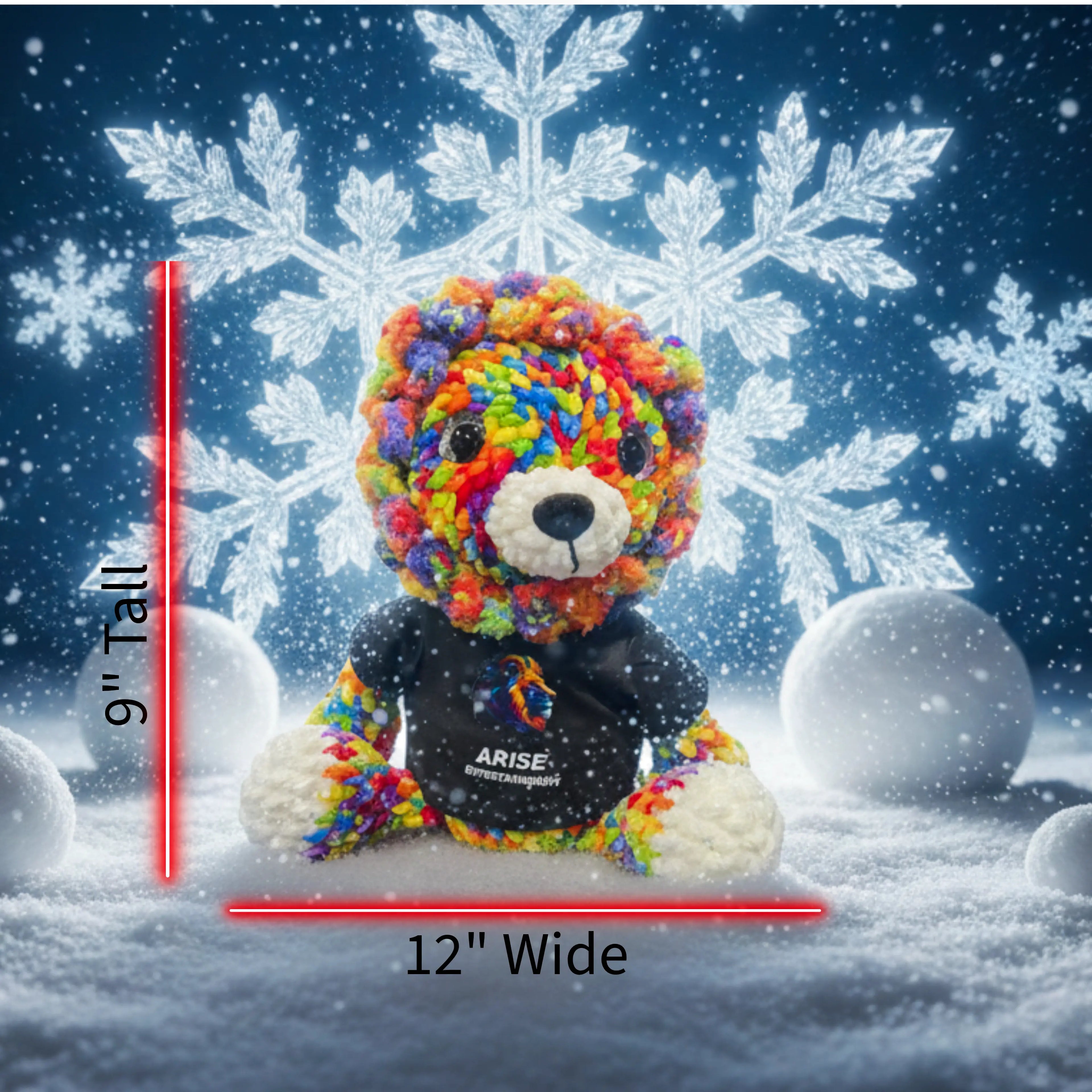 Colorful teddy bear with 'ARISE ENTERTAINMENT' text against a snowy background with snowflakes