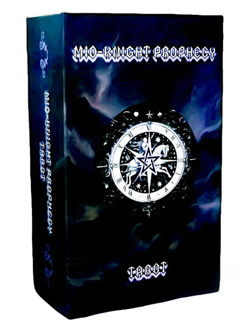 Product packaging for 'Mid-Knight Prophecy Tarot Cards' with a blue and black design featuring a central emblem on a white background