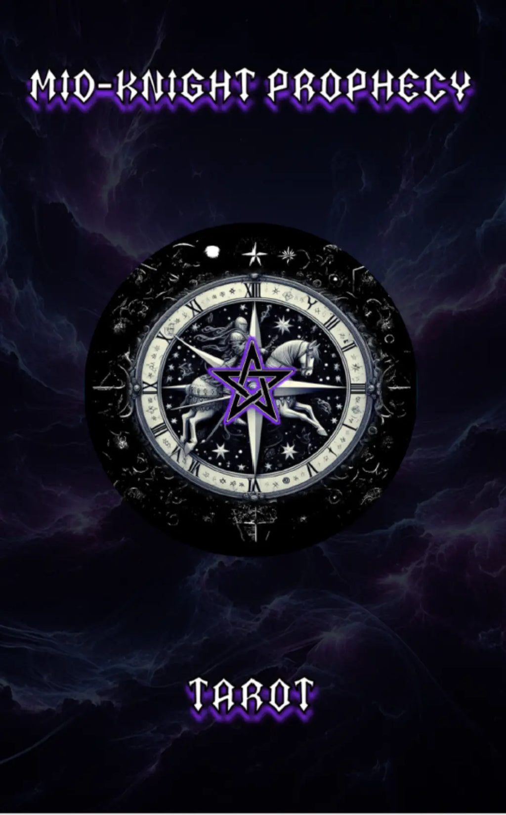 Front cover of Mid‑Knight Prophecy Tarot deck with knight, stars, and purple pentagram.