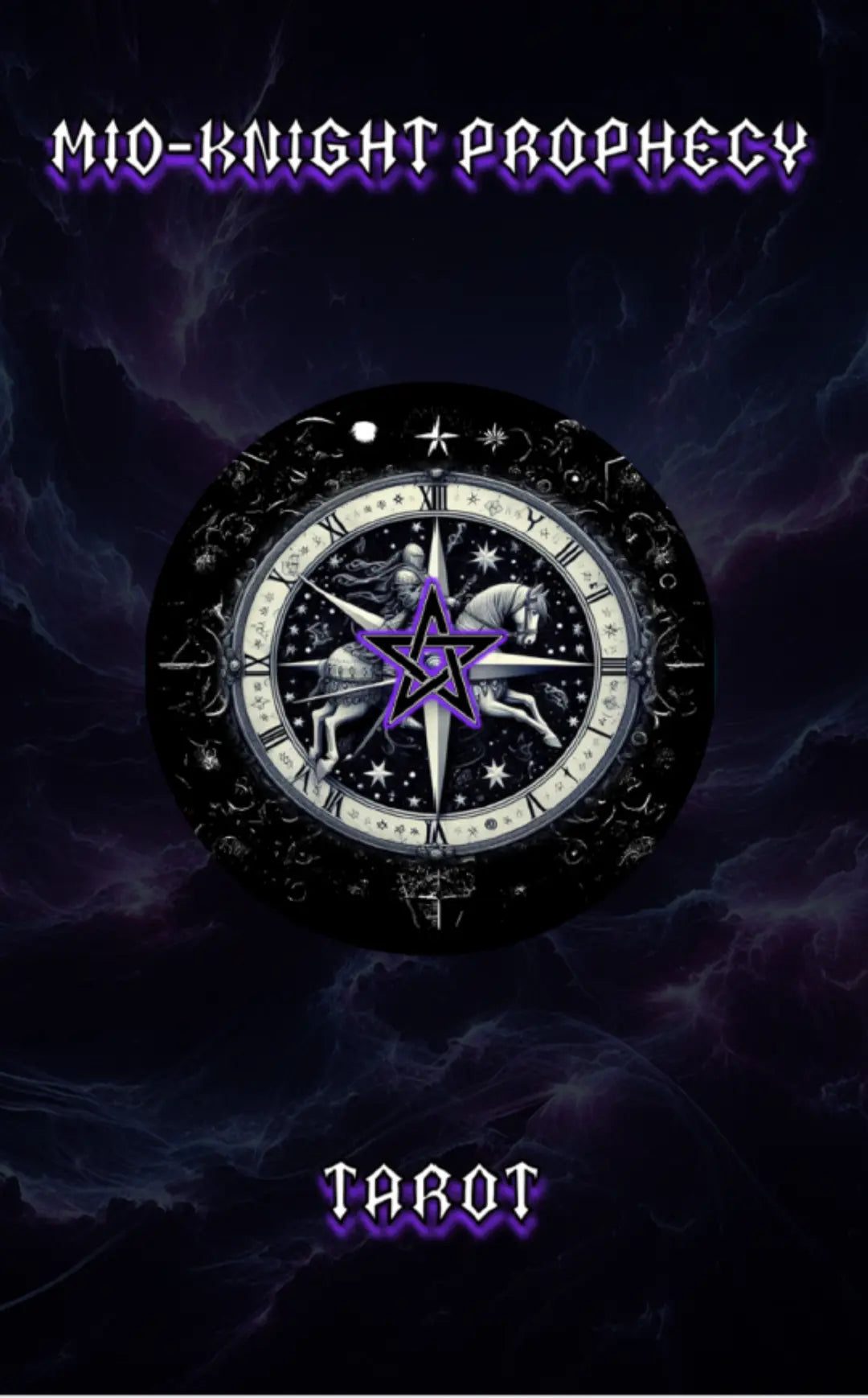 Front cover of Mid‑Knight Prophecy Tarot deck with knight, stars, and purple pentagram.