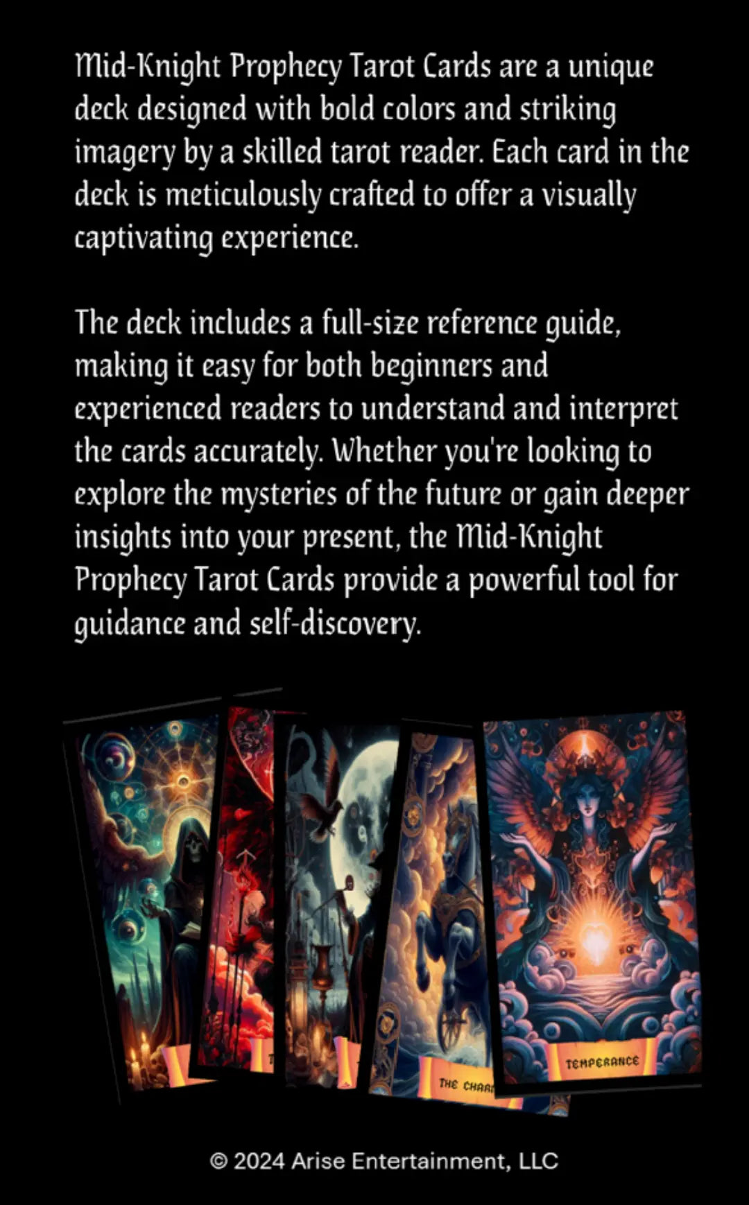 Back of Mid‑Knight Prophecy Tarot packaging with celestial and gothic design elements.