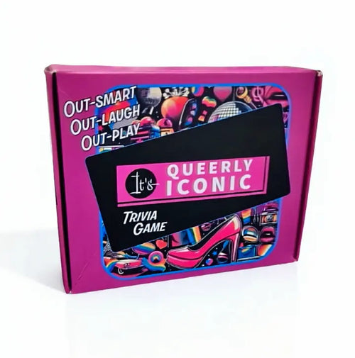 Queerly Iconic trivia game box with colorful design and pink text on a white background