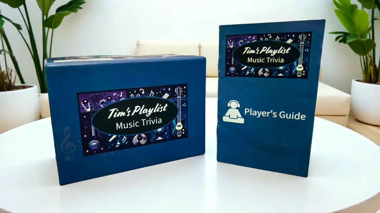 Blue box labeled 'Tim's Playlist Music Trivia' with a player's guide on a white surface.