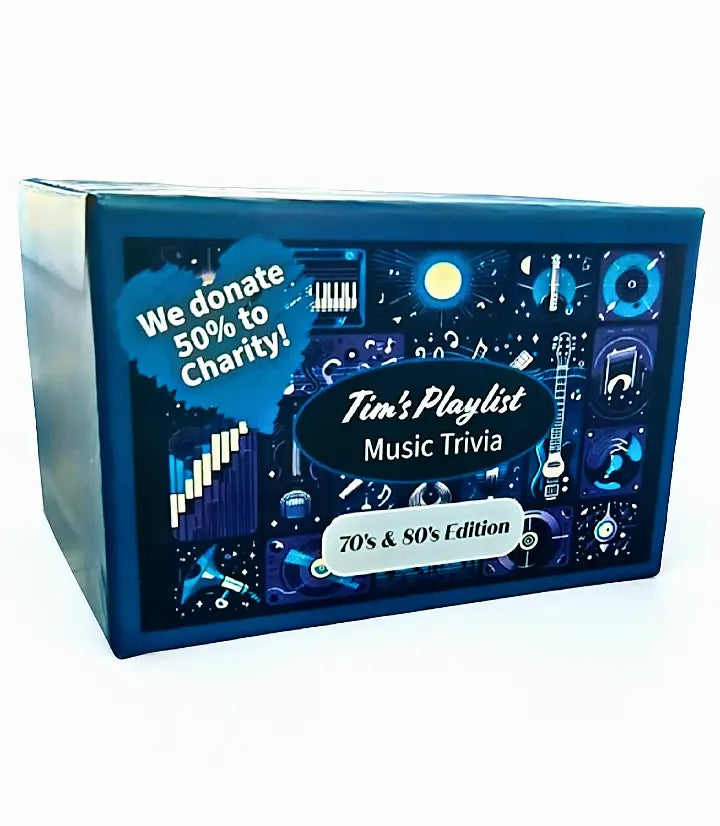 Music trivia game box with 'Tim's Playlist' branding and charity donation information.