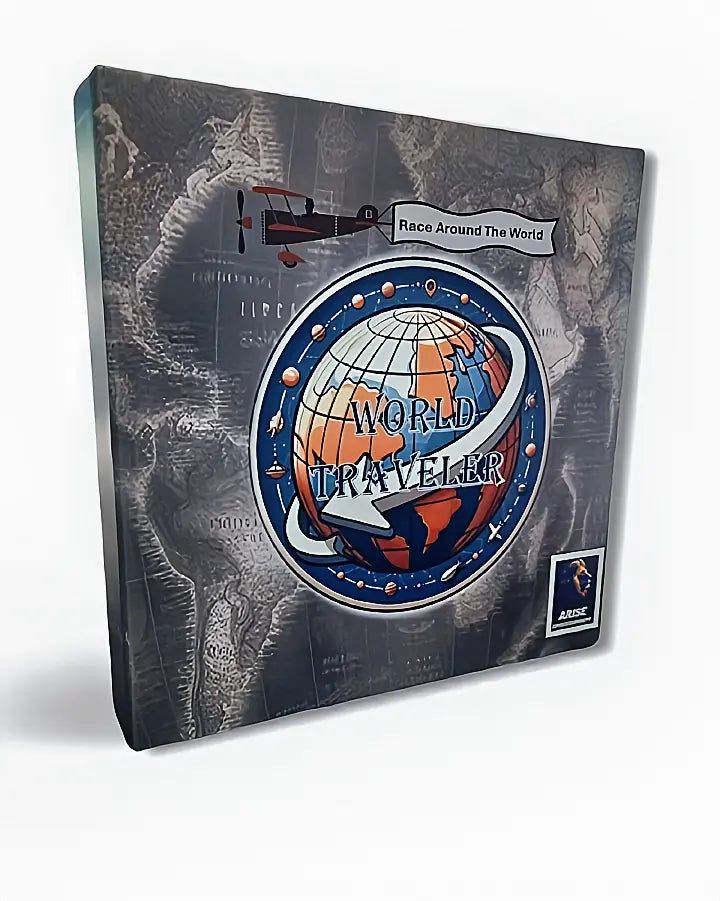 Board game box titled 'World Traveler' with a globe design on a map background.