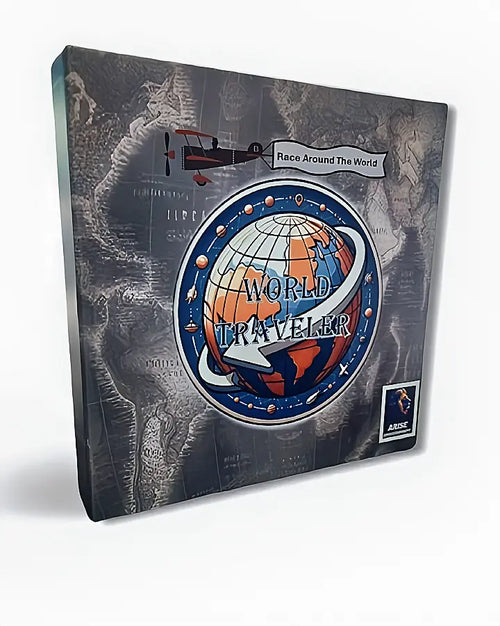 Board game box titled 'World Traveler' with a globe design on a map background.