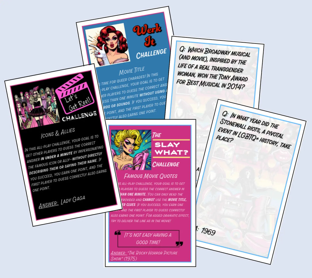 A spread of trivia cards and challenge cards from the game