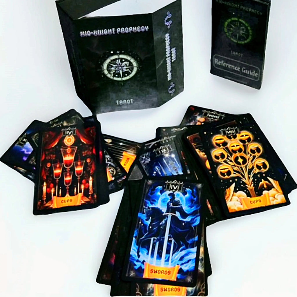 Picture of box standing with user guide and tarot cards spread