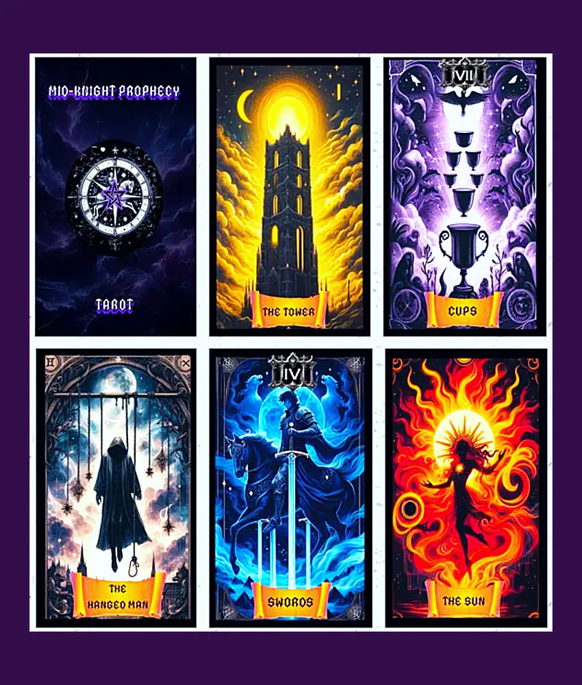 A matrix of tarot cards from the deck and logo