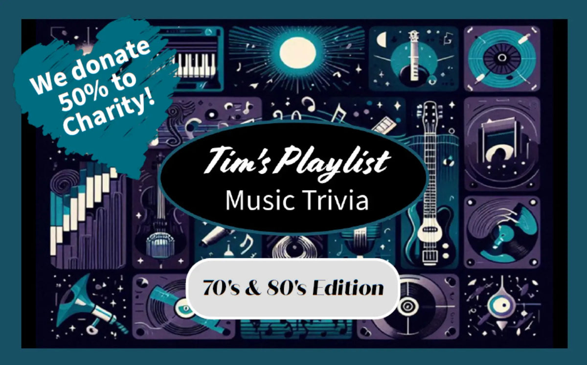 Front of Tim’s Playlist Music Trivia card game box featuring colorful trivia cards and charity message.