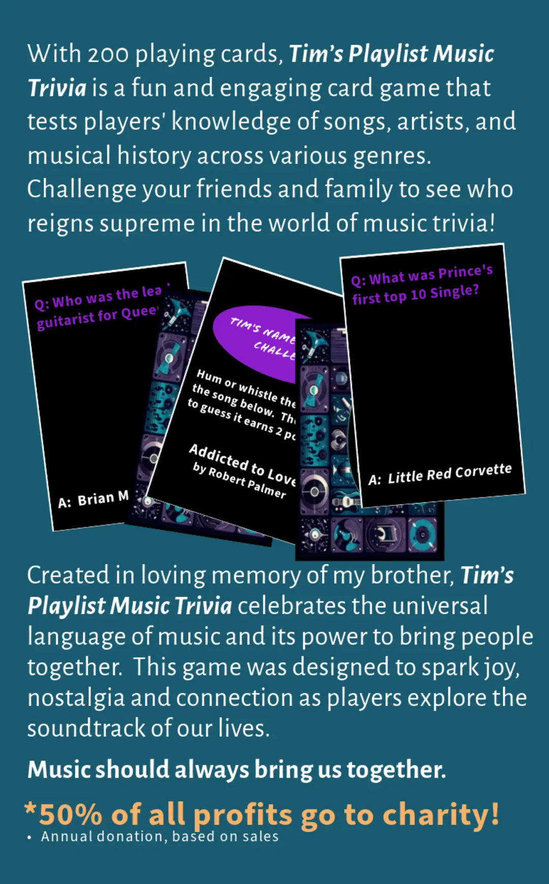 Back of Tim’s Playlist Music Trivia packaging showing sample cards and charity statement.