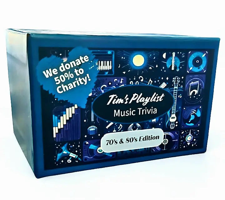 Music trivia game box with 'Tim's Playlist' branding and charity donation information.
