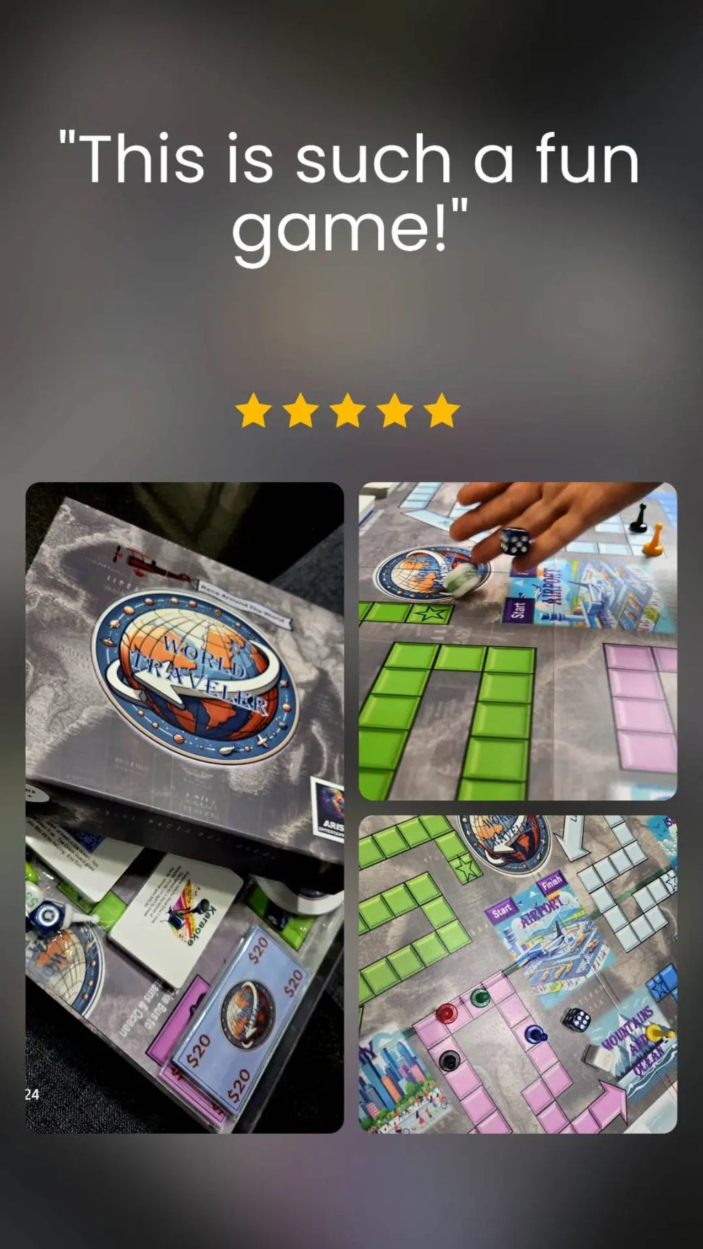 Review feedback giving 5 stars to World Traveler Board Game 