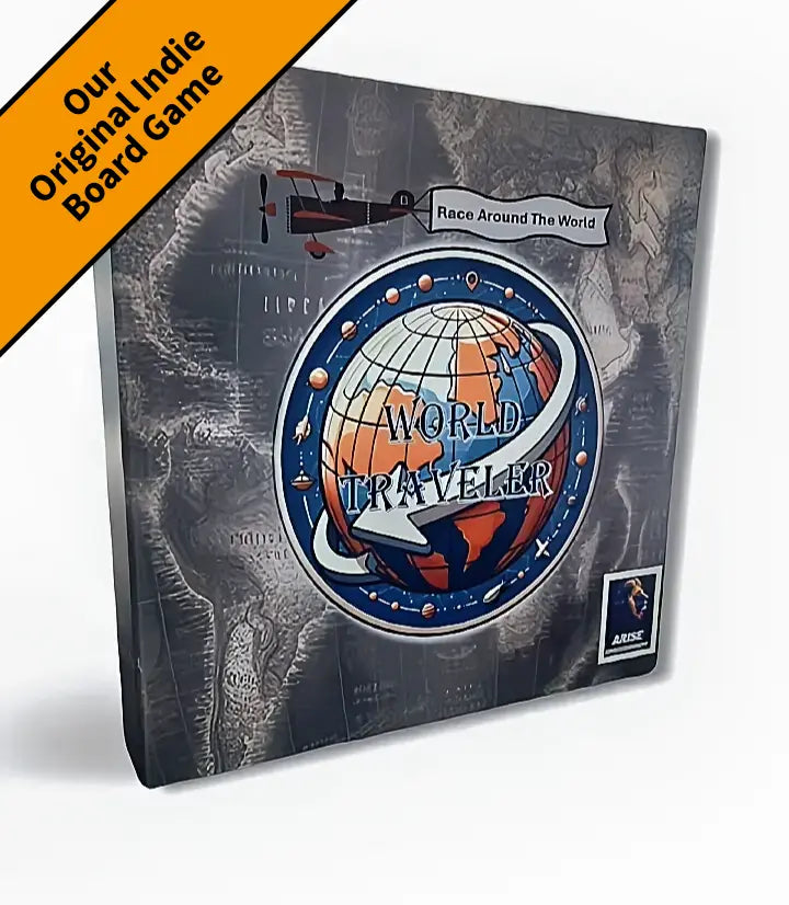 Board game box titled 'World Traveler' with map design and 'Our Original Indie Game' text.