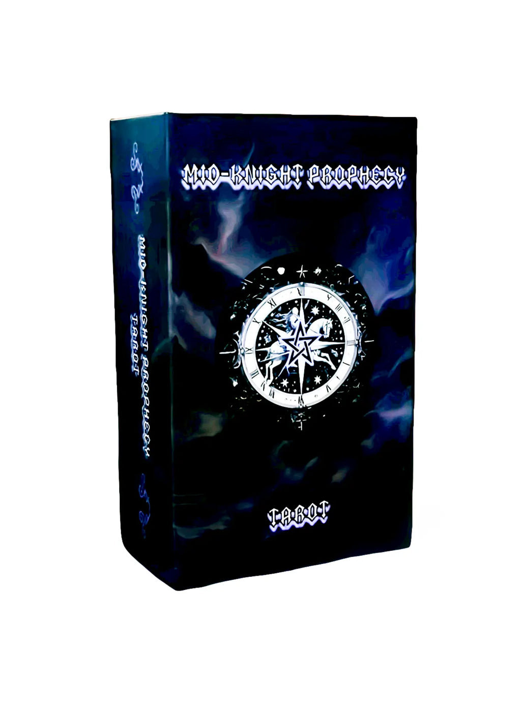 Product packaging for 'Mid-Knight Prophecy Tarot Cards' with a blue and black design featuring a central emblem on a white background