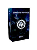 Product packaging for 'Mid-Knight Prophecy Tarot Cards' with a blue and black design featuring a central emblem on a white background
