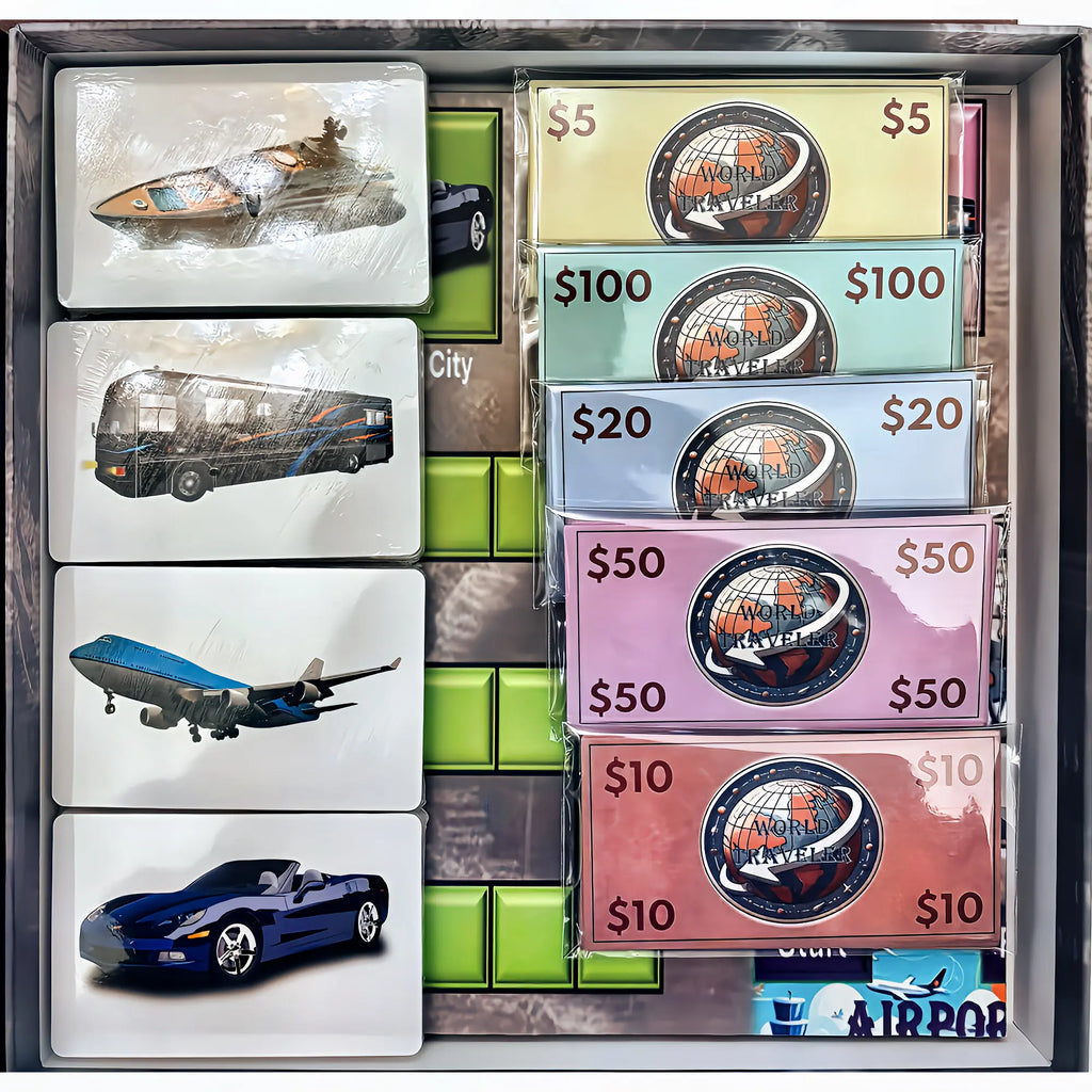 A view of the game contents including play money, player pieces, and cards.