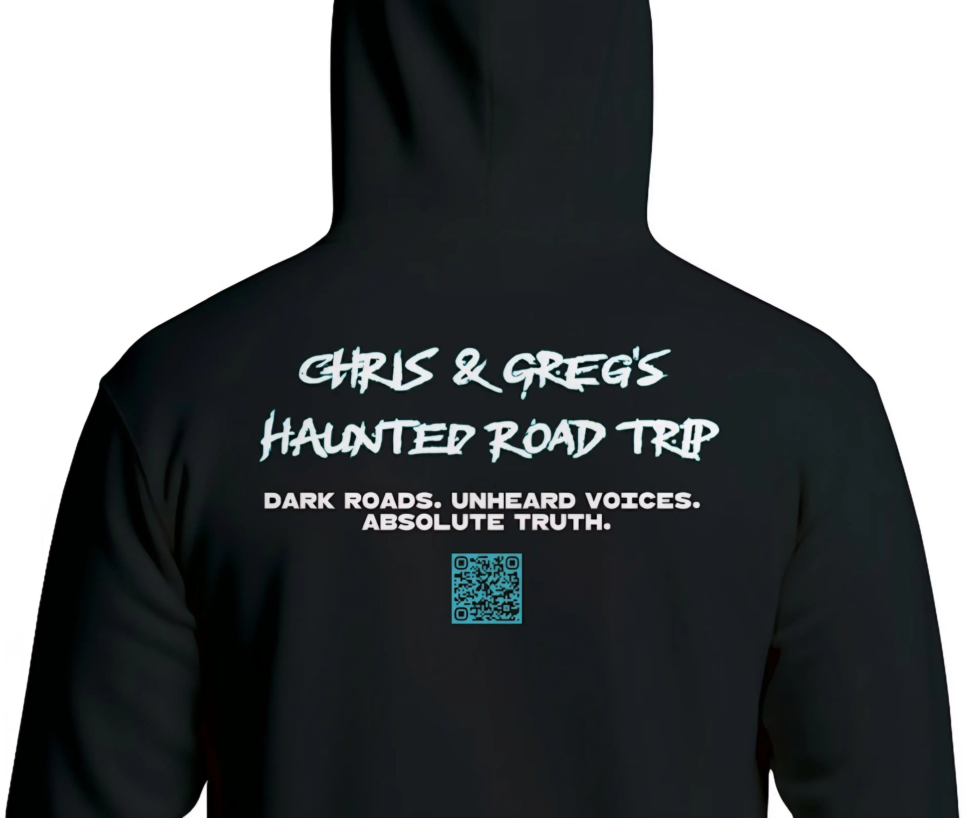 black hoodie with Chris & Greg's Haunted Road Trip logo