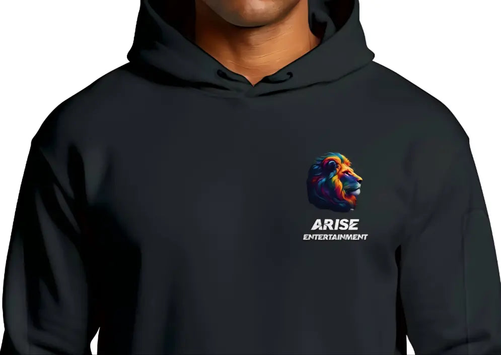 Black hoodie with colorful logo and 'ARISE ENTERTAINMENT' text on a white background
