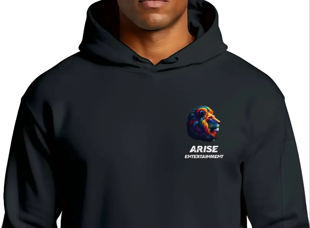 Black hoodie with 'Arise Entertainment' logo on a white background