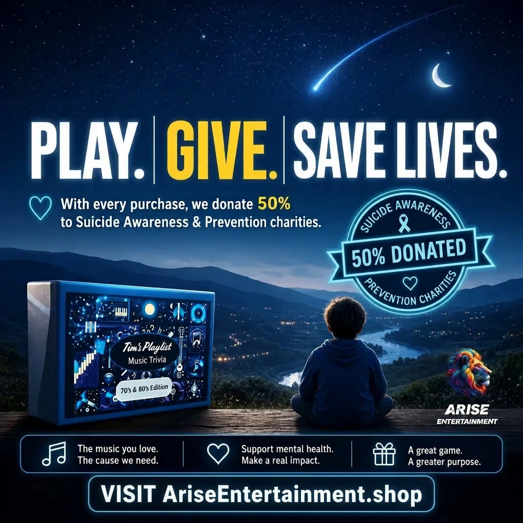 Promotional image for Arise Entertainment showing a child under a night sky with the message “Play. Give. Save Lives.” highlighting that 50% of proceeds from Tim’s Playlist Music Trivia support suicide awareness and prevention charities.