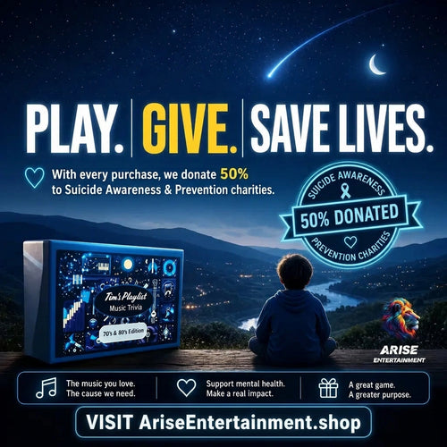 Promotional image for Arise Entertainment showing a child under a night sky with the message “Play. Give. Save Lives.” highlighting that 50% of proceeds from Tim’s Playlist Music Trivia support suicide awareness and prevention charities.