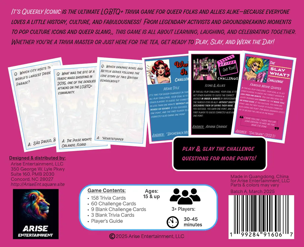 The back of box for It’s Queerly Iconic Trivia Game showing card samples