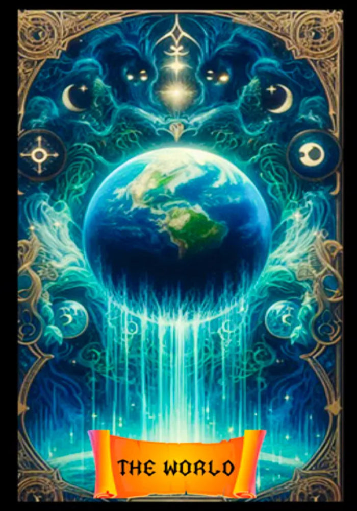 Tarot card titled 'The World' with a mystical design featuring Earth and celestial elements.